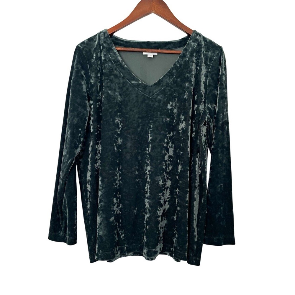 J. Jill Women's L Green Velvet V-Neck Long Sleeve Stretch Pullover Top